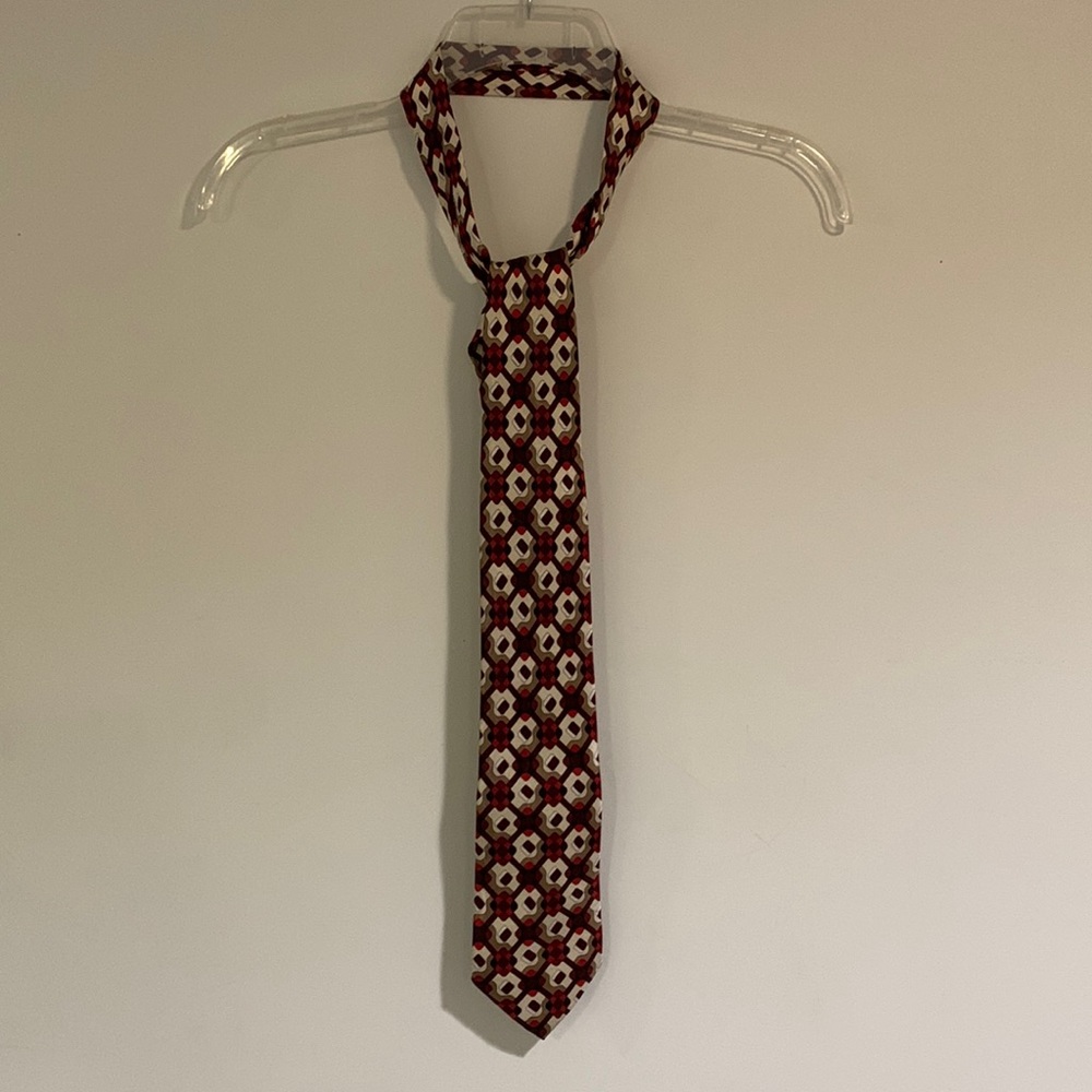 Mens 4” Wide Necktie, Brown, Black & Red Geometric design